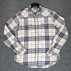 Lucky Brand Saturday‎ Stretch Plaid Western Shirt Mens Medium Blue Snap Casual